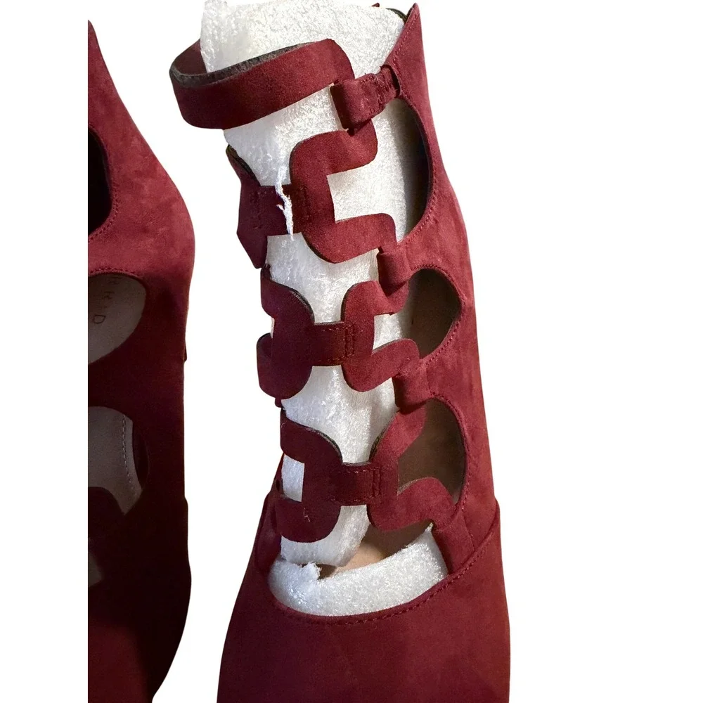 Wine Suede‎ Strappy Block Heel Booties